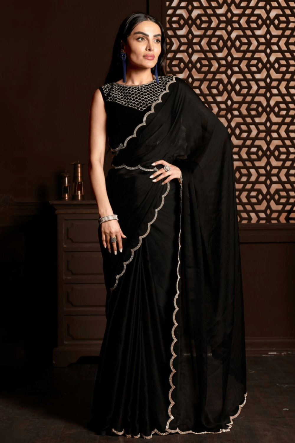 Black satin saree with velvet blouse - best mukesh sadi shop in nagpur